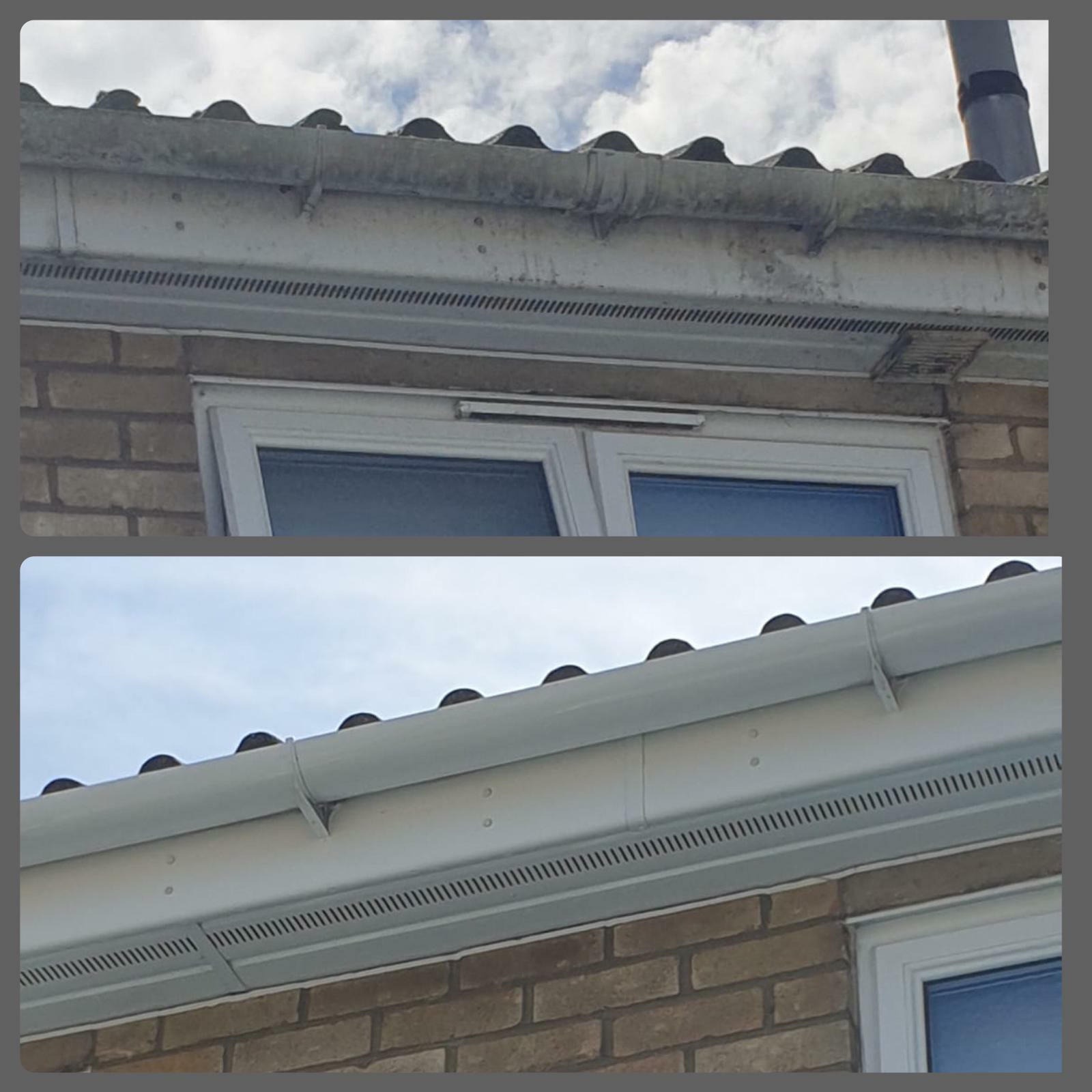 Before and after: a grimy gutter and fascia, then the same gutter cleaned white